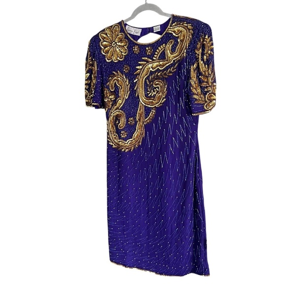 Vintage Deadstock Lawrence Kazar 100% Silk Beaded Cocktail Dress Glam size Large - Picture 2 of 16